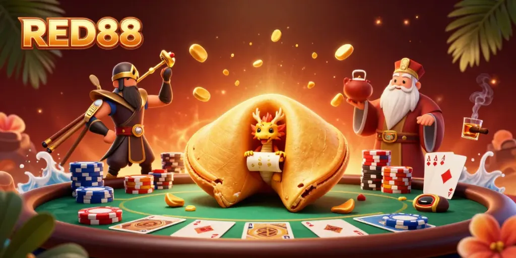 Experience the thrill of RED88 with dynamic 3D scene featuring a golden fortune cookie and casino elements.