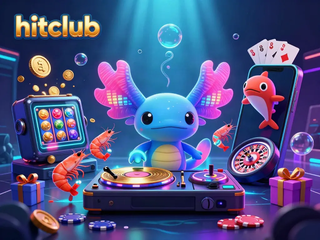 Engaging hitclub casino scene with a vibrant DJ axolotl, interactive gaming elements, and underwater glow effects.