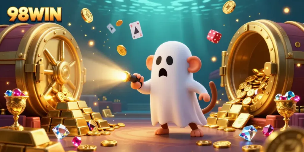 Experience the mesmerizing atmosphere of 98WIN's haunted casino adventure, featuring playful ghostly characters and golden treasures.