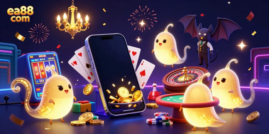 Experience the excitement at ea88 com with vibrant casino gameplay illuminated by glowworms and a playful bat dealer.