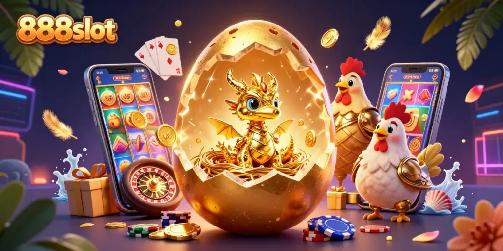 Experience the thrill of 888slot with a golden dragon revealing treasures amidst dynamic casino elements.