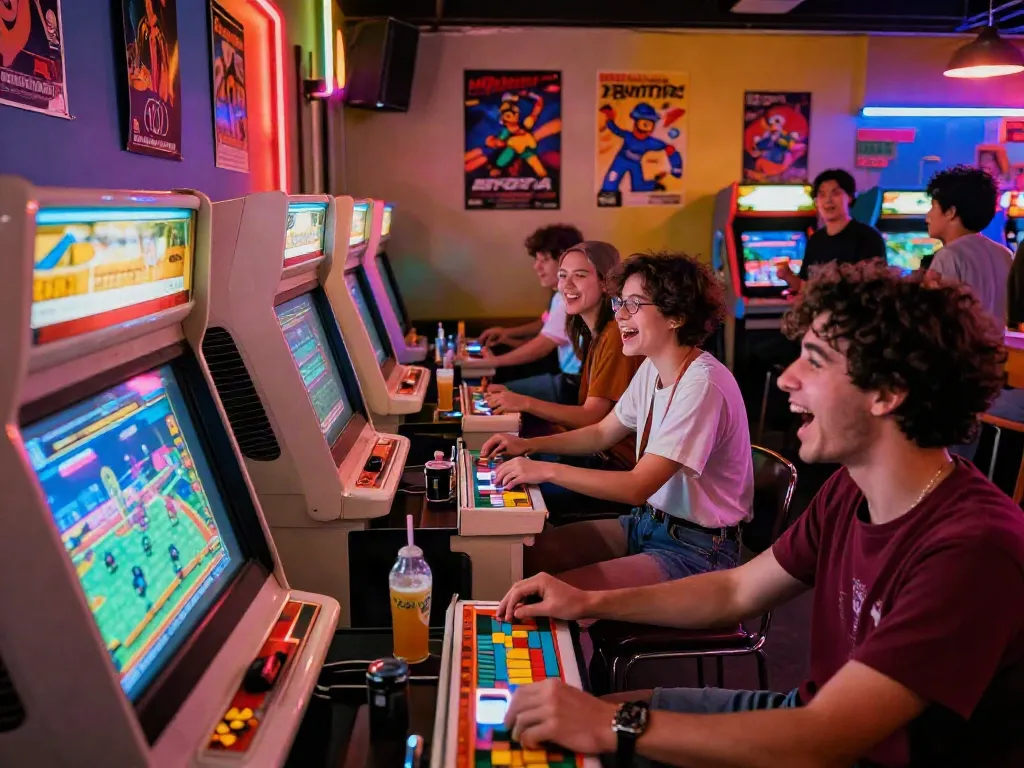 Players enjoying PECAH404 nostalgic arcade games in a lively retro setting with colorful lights.