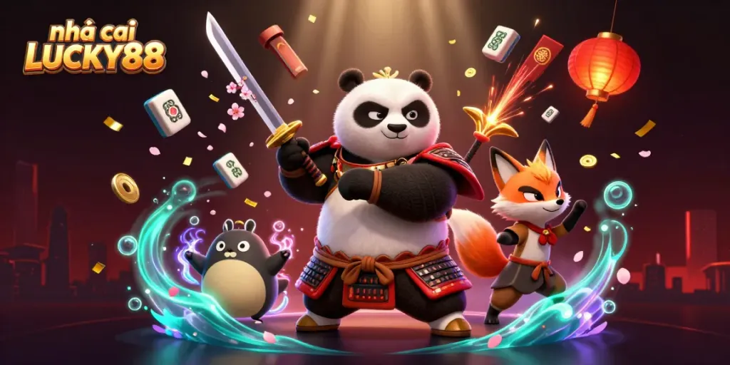 Engage with nhà cái LUCKY88's thrilling gaming atmosphere filled with 3D samurai panda and treasures.