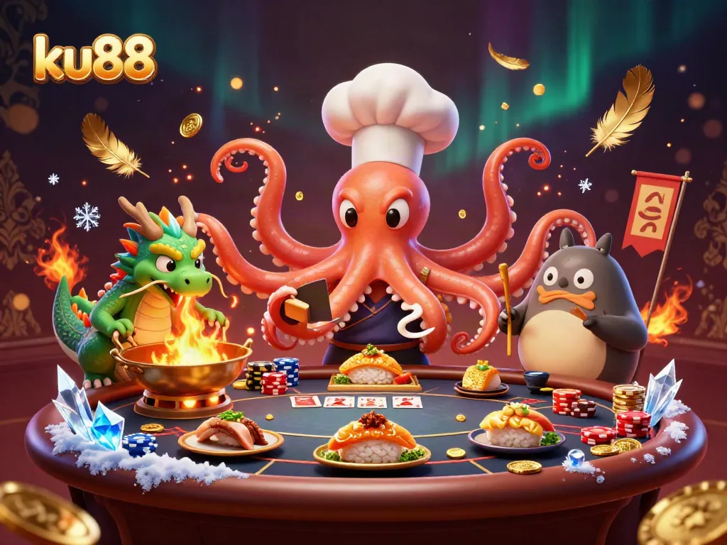 Engaging poker scene with ku88 characters harmoniously combining cuisine and gaming.