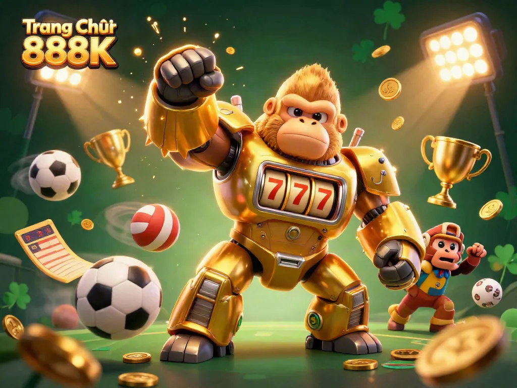 Experience the excitement at Trang Chủ 888K with a dynamic gorilla mech and sports elements bursting into action.