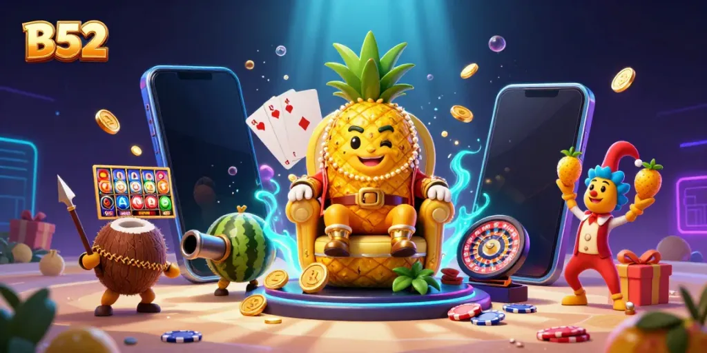 Engage with B52's vibrant online casino experience featuring the golden pineapple king and rich game elements.
