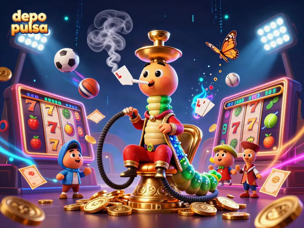 Experience the excitement of depo pulsa as a vibrant 3D illustration showcases gaming symbols and a whimsical caterpillar master.