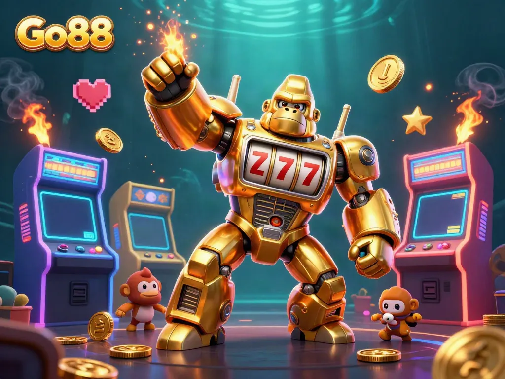 Engage with Go88’s vibrant gaming world featuring a golden mech and arcade elements.